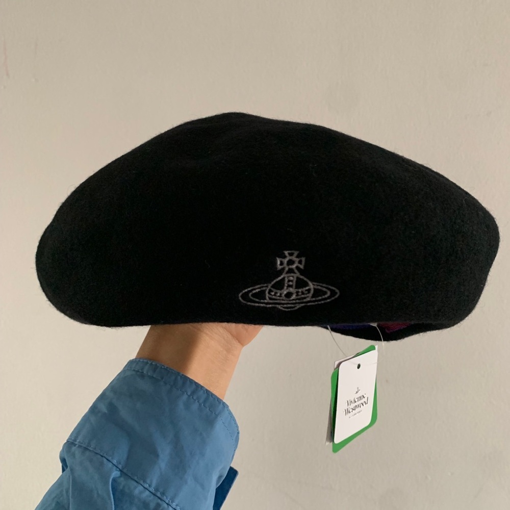 Vivienne Westwood Black Wool Beret with Orb Embroidery